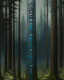 Placeholder: A dark grayish blue forest designed in Pacific Northwest totem poles painted by George Inness