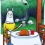 Placeholder: Cute llama is having breakfast. Ink and pencil, colours