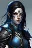 Placeholder: female elf knight with black hair, blue eyes and blue armor, eyepatch