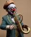 Placeholder: mechanoid old friendly fat clown with trimmed beard playing jazz with a steampunk theme, trumpet, realistic