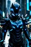 Placeholder: cyberpunk, neon blue, high technology, geometric figures, orbiting figures, high technology suit, cyberpunk suit, black, black and blue, epic, rain, a person in rain, neon blue suit, geometric figures orbiting around suit, exosuit, technological armour, a person wearing technological armour, cyberpunk armour, detailed armour, male, black and blue colored cybersuit, suit details, epic cybersuit, black colored suit, complex suit