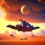 Placeholder: octane render volumetric desert environment, Ralph McQuarrie style painting of an armored hovercraft with cannon, floating in the air, highly detailed, minutiae, clouds, storm, renderman, duststorm at sunrise