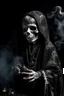 Placeholder: 7 year old boy, necromancer, friendly, looks dead, surrounded by weird smoke with eyes, wearing black robes, in the style of Harry Clarke