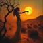 Placeholder: A dramatic surreal painting of a dusty desert mesa at twilight. A mysterious feminine figure emerges from the shadow of twisted creosote branches, her form entwined with thorny vines climbing slowly toward a blazing, boiling sun. Her skin is ethereal and dangerous; as a hand reaches to touch her, blood drips from the fingers. The atmosphere is haunting, poetic, and mythological. Use a painterly, cinematic style, with golden oranges, deep reds, dusty browns, and shimmering highlights. --v 7 --sty