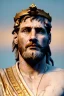 Placeholder: Realistic image, Roman sculpture made in white marble with gold veins, Lionel messi with gold laurel leaves crown, two blue brushes, decorative star on the chest, waist up portrait, marble material, gold ornaments, Baroque style, sun rays background, epic, celestial, cinematic lighting, God lights, 4k resolution, smooth details, soft lighting, unreal engine 5, art station, substance 3d.