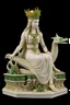 Placeholder: A young Egyptian goddess with blonde hair and green eyes, wearing a white linen dress and a lotus flower crown. She is sitting on a throne made of alabaster, carved with the head of a benevolent dragon