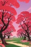 Placeholder: a land scape of Japanese garden, big red moon, red light, black sky, starlight night , surrounded by cherry blossom trees, cel shading