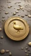 Placeholder: a smooth 3d game graphics circular shaped golden duck coin with a full body relief in misty mud