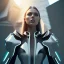 Placeholder: A handsome woman standing in front of a church, futuristic design, a paradise in background, close-up face, geometric armor, female face, 3d unreal engine, black face, close up armor, church detail