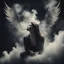 Placeholder: woman sitting forward Her face upward and blows cigarette smoke from their mouth upward. a figure with wings emerging from its back. behind the clouds of smoke look death. dark and mysterious