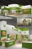 Placeholder: Corner green exhibition stand of a food company with product displays and a meeting area