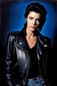 Placeholder: head and shoulders portrait -- dark brown wood panel background with an overhead spotlight effect, 18-year-old girl Wendy Breeze, Resembles Elvis Presley, with Black hair, blue eyes, perfect stacked body, head and shoulders portrait, wearing a black leather jacket, cut off t-shirt, full color -- Absolute Reality v6, Absolute reality, Realism Engine XL - v1
