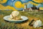 Placeholder: painting from lies down in the grass a Fallen Ice-cream, the dropped ice cream melting, ants crawling on ice cream , whimschical, detalied painting by Van Gogh and dali, high detailed, sharp focuses, masterpiece