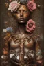 Placeholder: an abstract painting of rusted metal and flowers, heart filled with love African slave lady working so hard, rust, scaffolding, iron cladding, decay, mixed media, textured, anatomically correct, beautiful perfect face, sharp focus, highly detailed