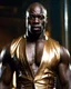 Placeholder: Adewale Akinnuoye-Agbaje x morris chesnut as a handsome dark skinned and muscular heavy set man with a bald head and neatly trimmed beard. he is wearing a leather waistcoat and no shirt. he has a gold earing in his left ear. he has a dominant expression on his face