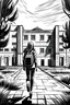 Placeholder: Do a drawing in black and white of the girl walking depressed in the campus towards dormitary