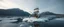Placeholder: airbrush 3d rendering, frontal close up perspective chrome centipede lobster ship on small frozen island in lake, pinhole cam, background motion blur