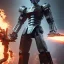 Placeholder:  octane render, 8k, high detail, humanoid droid with fire swords hands, android, steel blades, full figure, fit in board, cosmic ambiance, masterpiece, art by Yoji Shinkawa, fit inside