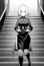 Placeholder: military girl runs on the stairs, greyscale