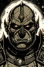 Placeholder: A great Orc with light-ash-colored skin and red eyes. He wears black armor. Over his head he wears a crown made of fire. Absolutely he has no horns. In the image you must see at least half a bust. It must be comic-book style.