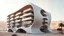 Placeholder: Contemporary multifamily building with non-linear twisted structure, visually disconnected floating balconies, perforated metal façade folding like fabric, desert climate with suspended dust in the air, parametric architecture render style like Bjarke Ingels Group + sci-fi cinema.