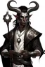 Placeholder: En Young male Black skin black hair tiefling Wizard with large horns glowing Silver and White symbols