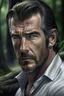 Placeholder: Portait young pierce brosnan as fantasy alpha werewolf in human form very muscular short cropped dark hair and stubble on chin, tribal tattoos wearing white button up shirt with rolled up sleeves realistic face, close-up, dark fantasy, fantasy forest, intricate details, hyper detailed, photograph