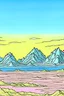 Placeholder: mountains in the distance in the style of Moebius