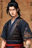 Placeholder: A Young Man who is a Samurai, he has scars, cuts, and marks on his body. His body looks war torn, and he is missing his left arm from his shoulder. He has long black hair and has a stuble for facial hair.