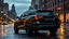 Placeholder: "Design a 2024 Chrysler 300C SUV concept, blending the elegance of the sedan with a rugged SUV form. Feature a bold front grille, aggressive headlights, and muscular body lines. The SUV should have a slightly lowered stance, blacked-out wheels, and a matte black finish with chrome accents. Set it in a dusk cityscape with wet streets reflecting the lights, highlighting its powerful and luxurious presence, rear view