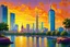Placeholder: sunset, buildings, lake, rocks, city, trees, cyberpunk, sci-fi, claude monet impressionism paintings