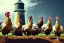 Placeholder: Five hens in front of a lighttower