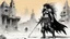 Placeholder: [high res illustration by Ralph Steadman] the back of the Barbarian female warrior who is aremed to fight in the shadows of the labyrinth city of Lankhmar: In the center of the dark plaza, is a creature which body is a grotesque amalgamation of dust and fumes, twisting, motioned by some unspeakable evil. Its threatening eyes are burning coals.