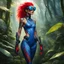 Placeholder: thin alien with tattoos: Her blue skin shimmers under the dappled sunlight, blending seamlessly with her surroundings. Those red boots, though, they stand out like a fiery declaration of her indomitable spirit.Equipped with her trusty goggles, she scans the jungle with hawk-like precision. Her keen eyes pierce through the dense foliage, seeking out any signs of danger or opportunity. But it's not just her eyes that are sharp; those ray guns strapped to her corset are a testament to her readiness