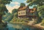 Placeholder: museum quality color woodcut landscape of a fanciful 18th century ramshackle French country millhouse nestled on the banks of the Dordogne River , on a blissful summer morning, in the style of Gustave Baumann, with a fine art aesthetic, highly detailed, finely cut ,8k render, soft early summer colors