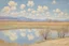 Placeholder: clouds, arid land, distant mountains, dry trees, pond, alfred sisley impressionism painting