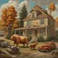 Placeholder: "State of the Union 2" by John Brosio, surreal Larger-Than-Life Animals Terrorize Suburban Towns in oil Paintings, fantastic animals larger than the houses, dramatic cinematic stop motion, impressionism, concept art, realistic Norman Rockwell style.