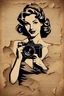 Placeholder: portrait of a woman with a camera, background old crumpled torn paper, pin-up style