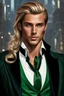 Placeholder: male, tanned, blonde long hair, pony tail, green eyes, slender, aristocrat clothing with coat vest, high class party background, photorealistic