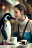 Placeholder: young woman talk to a penguin in coffee-shop