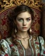 Placeholder: A stunning Russian woman with porcelain skin, high cheekbones, and piercing green eyes, dressed in a traditional embroidered sarafan, sits regally in a lavish, ornate chair, surrounded by opulent fabrics and gold accents, as if plucked from a 19th-century Russian aristocratic portrait, rendered in exquisite hyper-realistic detail, with the rich textures and subtle play of light and shadow characteristic of a masterful oil painting, reminiscent of the works of Ivan Kramskoi, Zinaida Serebriakova