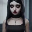 Placeholder: Female Jenna ortega black dress,soft goth libstick, wednesday addams family make up, brad double wig, dramatic lighting, highly detailed, volumetric lighting, unreal engine, 8k