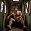 Placeholder: photography of a burly ugly beefy sicilian farmer 36 years old man sitting in the train, relaxing, shirtless, in boxer, bulge, tattoo, broken teeth, serious, short beard, curly hairs , view from below, photorealistic, side lights, Ground-Shot Angle