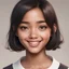 Placeholder: A girl with slightly brown skin, an oval face with a square chin, slightly full lips, thin black almond eyes, short hair, and a very cute smile.