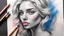 Placeholder: street artist draws a portrait of a blonde woman, charcoal, pencil, pink lips, blue eyes, fine drawing, hand with a brush