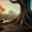 Placeholder: Cyberpunk theme, portrait of Oak tree roots holding man inside, misty sunny day, close-up portrait, symbios