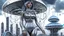 Placeholder: A slim young woman in a silver catsuit with circuitry, standing in a futuristic alien city holding an umbrella shaped like a mushroom with tentacles