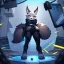 Placeholder: a fox fursona, darker colors, master quality, backlighting, soft lights, full body portrait, in frame, 8k, furry, fur, dark color pallet, robotic arm, cyberpunk, anthropomorphic, perfectly drawn face, well drawn paws