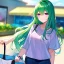 Placeholder: Clear focus, 8k, beautiful lighting, vibrant colors, girl, green hair, long hair, purple eyes, casual clothes,