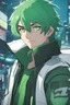 Placeholder: Young man with light green hair, vivid green eyes, smug, green and white futuristic clothes, white headband, sai, urban background, RWBY animation style